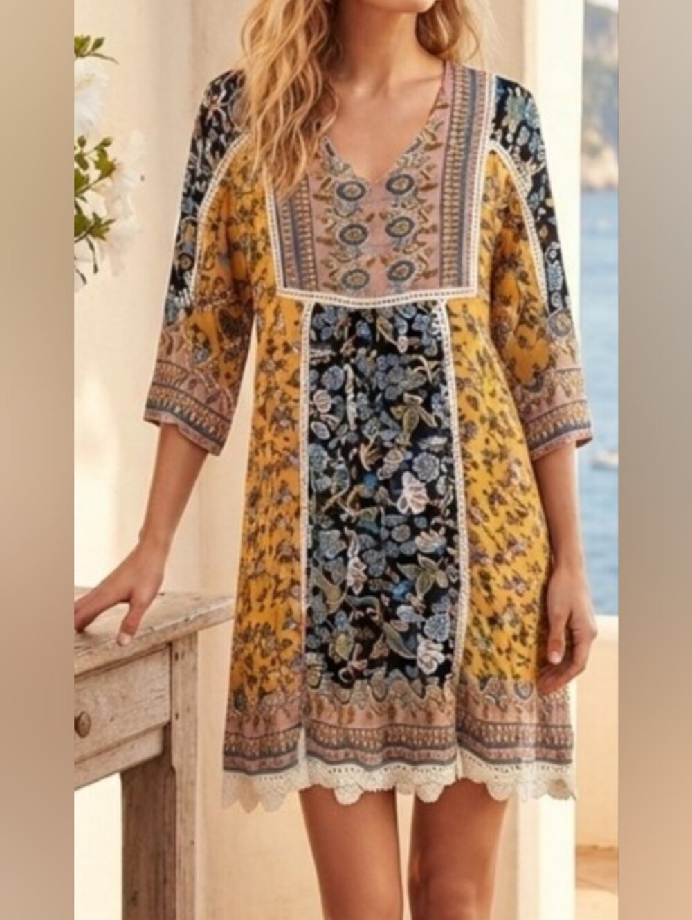 Sundance Mustard, Navy & Pink Floral Patchwork Mini Dress